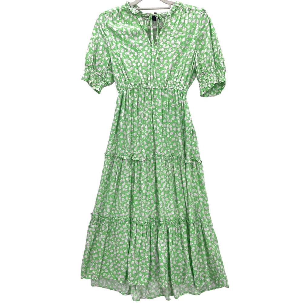 Who What Wear Green Floral Tiered Midi Dress XS Smocked Puff Sleeve Pockets